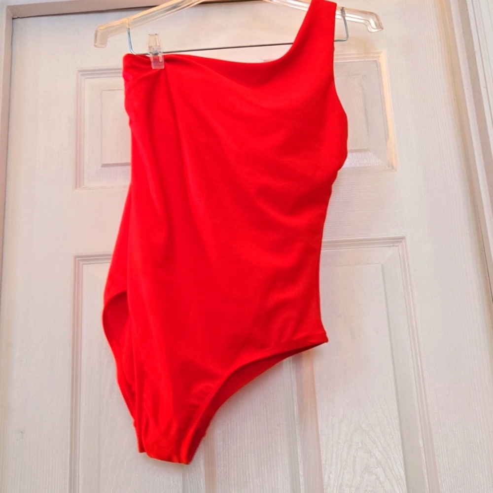 Red one shoulder swimsuit